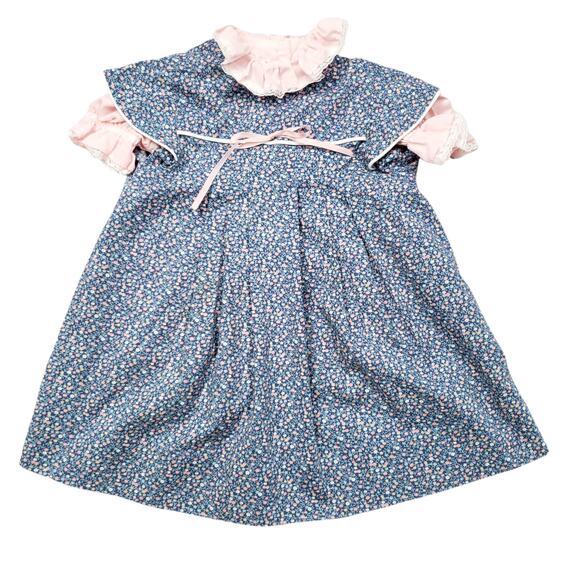 Vintage Blue Pink Calico Print Two Piece Pinafore Dress Handmade Fits 3T/4T - Picture 1 of 13